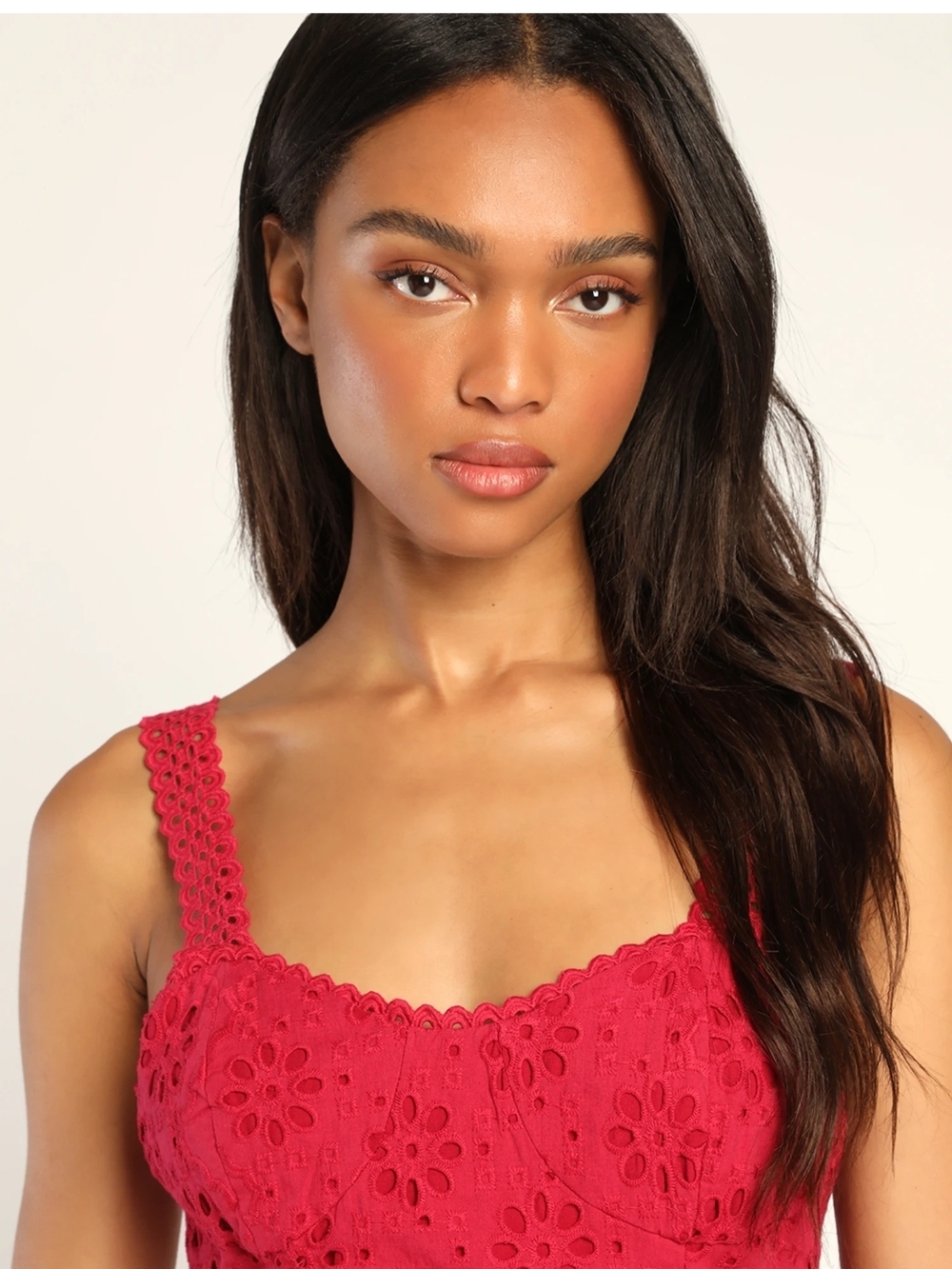 Lulu's Crimson Eyelet Asymmetrical Midi Dress Medium - Picture 3 of 15